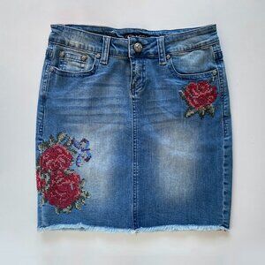 Grace in LA Floral Embroidered Denim Distressed Mini Skirt Size S